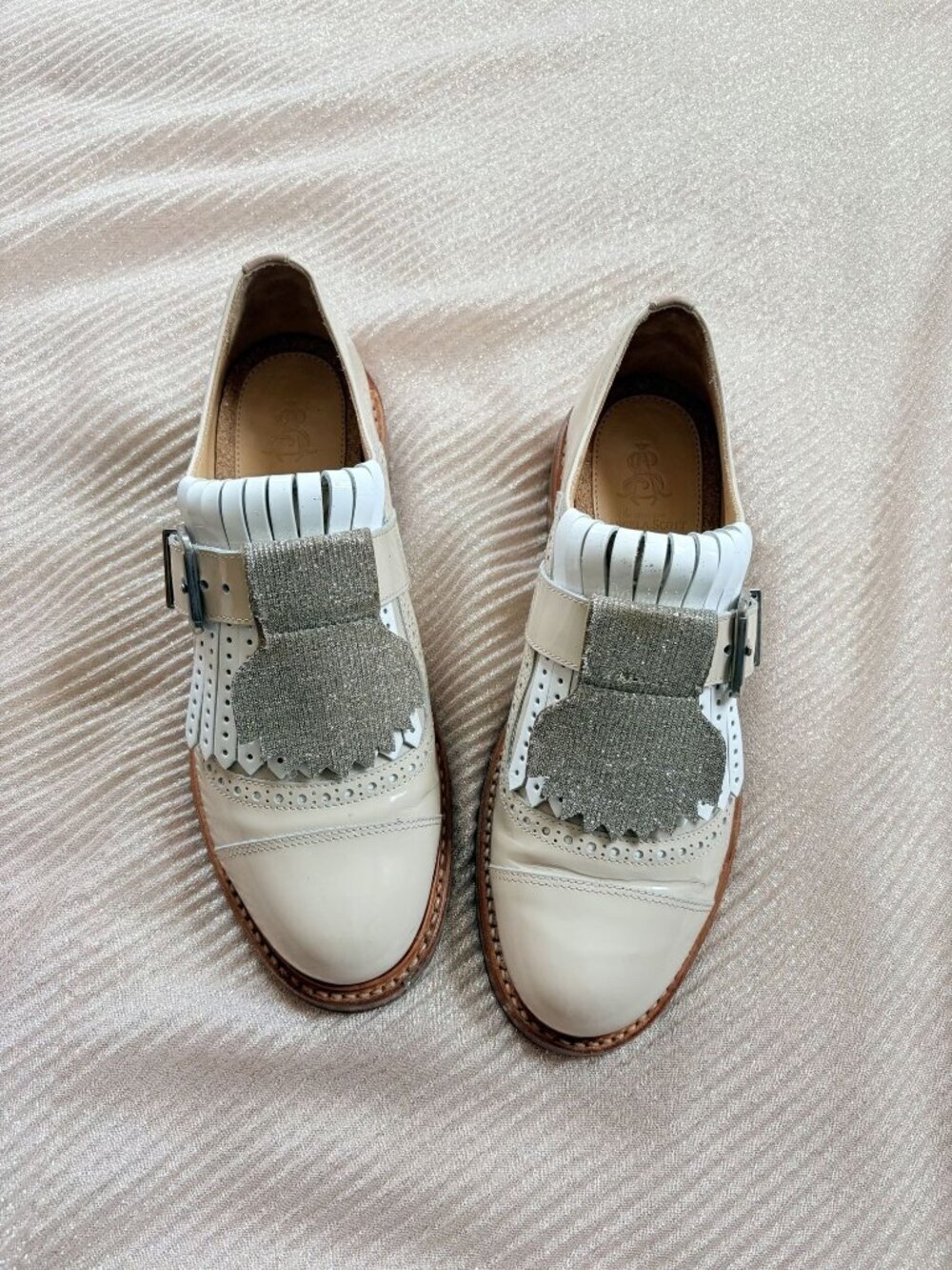 The Office of Angela Scott Metallic Patent Leather Loafers 37.5 7